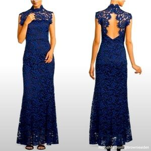ELIZA J Blue Lace Cutout Back Illusion Mock Sleeveless Gown Prom Formal Dress 10